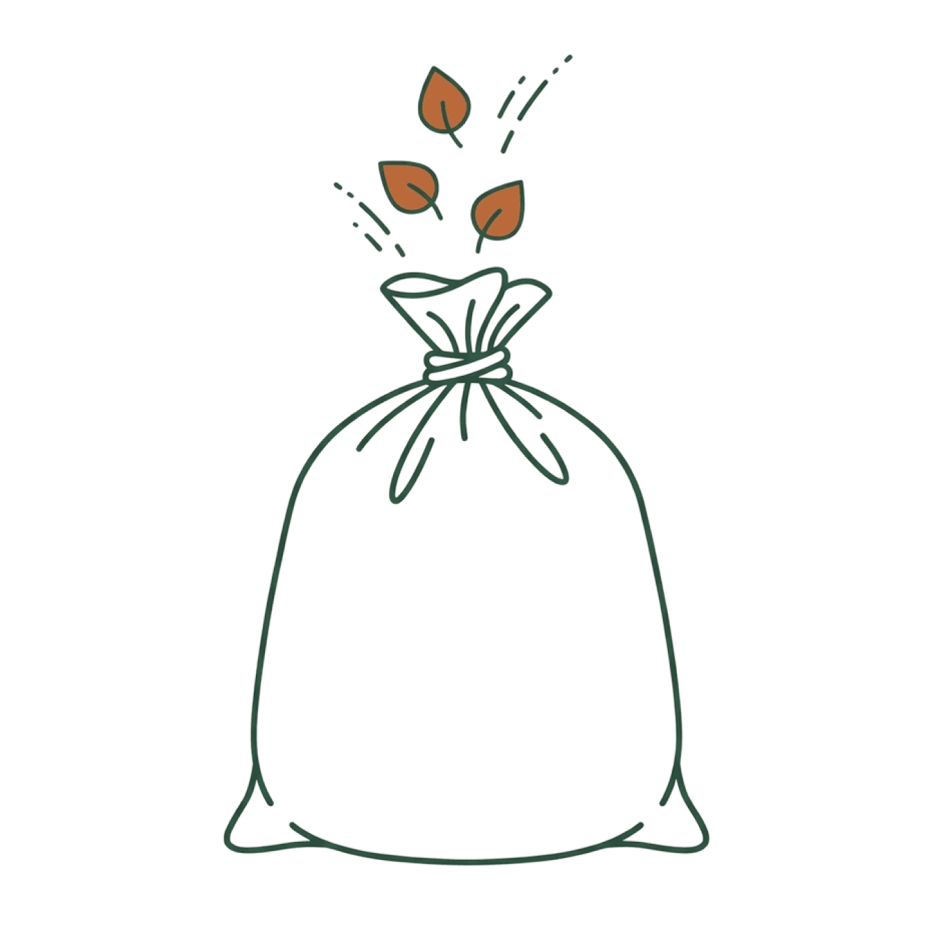 Line drawing of leaves falling into a tied-off debris bag
