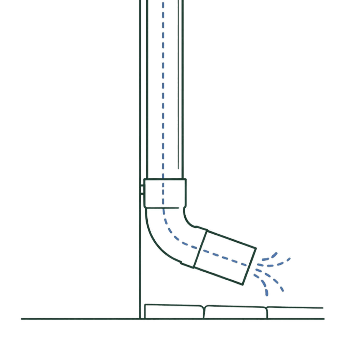 Line drawing of a downspout elbow with water flushing all the way through