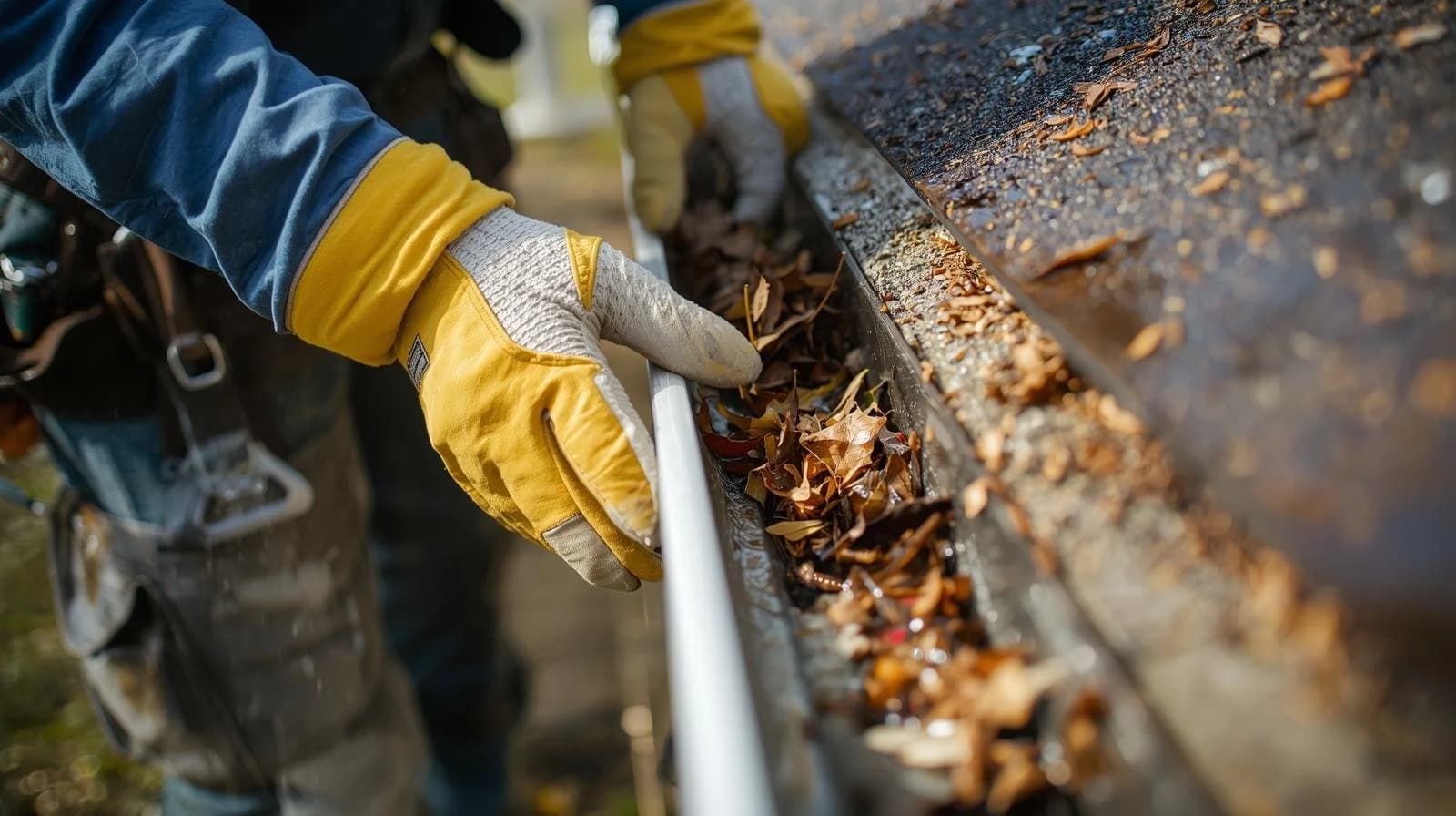A provider clearing debris from a gutter by hand